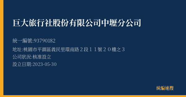 巨大旅行社股份有限公司中壢分公司的照片-統編 93790182(桃園市) 公司登記資料與營業項目詳細圖表