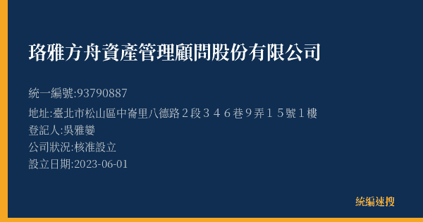 珞雅方舟資產管理顧問股份有限公司的照片-統編 93790887(臺北市) 公司登記資料與營業項目詳細圖表