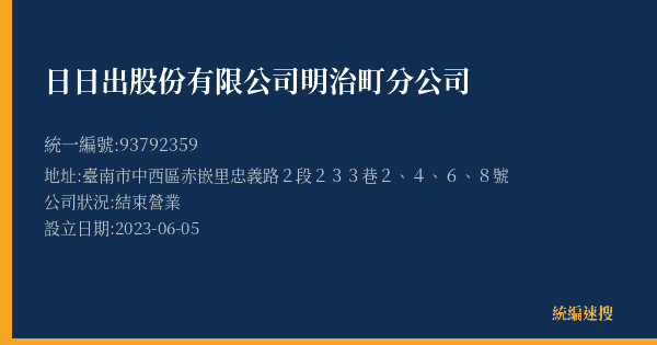 日日出股份有限公司明治町分公司的照片-統編 93792359(臺南市) 公司登記資料與營業項目詳細圖表