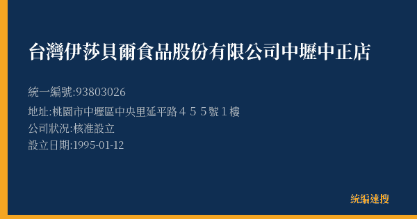 台灣伊莎貝爾食品股份有限公司中壢中正店的照片-統編 93803026(桃園市) 公司登記資料與營業項目詳細圖表