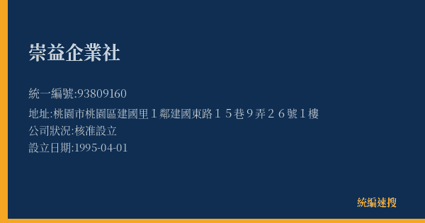崇益企業社的照片-統編 93809160(桃園市) 公司登記資料與營業項目詳細圖表