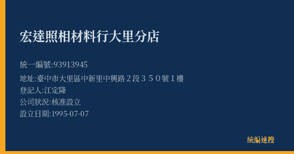宏達照相材料行大里分店的照片-統編 93913945(臺中市) 公司登記資料與營業項目詳細圖表