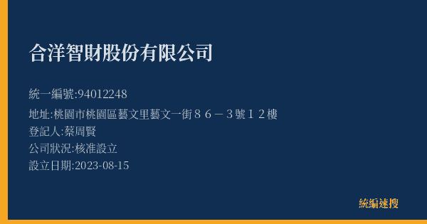合洋智財股份有限公司的照片-統編 94012248(桃園市) 公司登記資料與營業項目詳細圖表