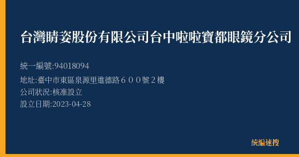 台灣睛姿股份有限公司台中啦啦寶都眼鏡分公司的照片-統編 94018094(臺中市) 公司登記資料與營業項目詳細圖表