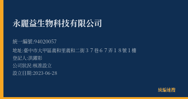 永麗益生物科技有限公司的照片-統編 94020057(臺中市) 公司登記資料與營業項目詳細圖表