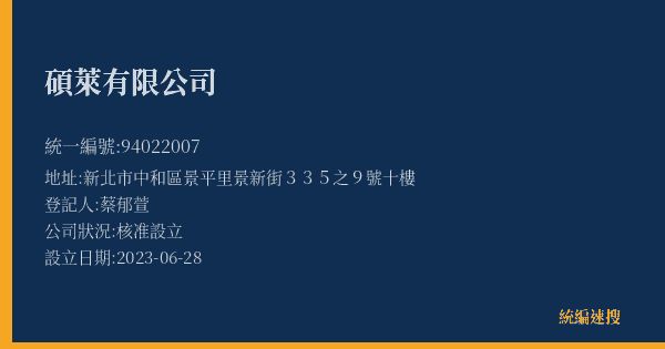 碩萊有限公司的照片-統編 94022007(新北市) 公司登記資料與營業項目詳細圖表