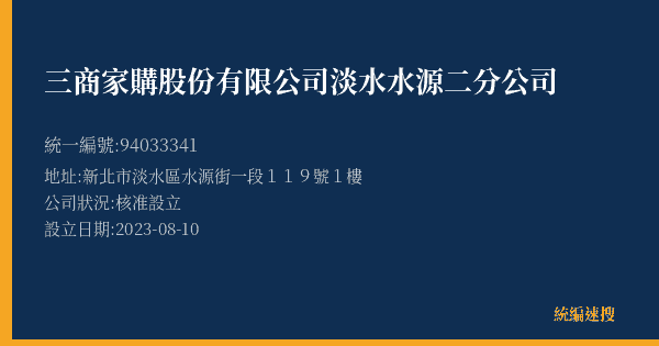 三商家購股份有限公司淡水水源二分公司的照片-統編 94033341(新北市) 公司登記資料與營業項目詳細圖表