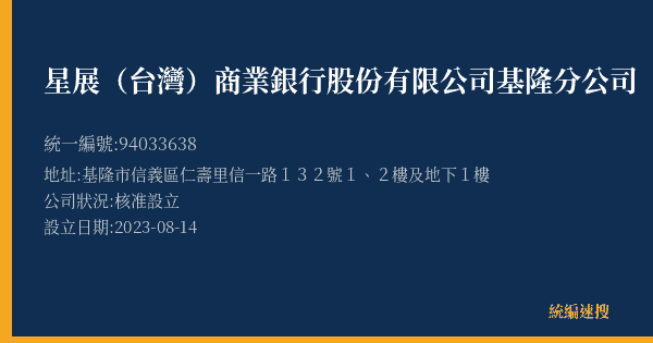 星展(台灣)商業銀行股份有限公司基隆分公司的照片-統編 94033638(基隆市) 公司登記資料與營業項目詳細圖表