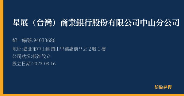 星展(台灣)商業銀行股份有限公司中山分公司的照片-統編 94033686(臺北市) 公司登記資料與營業項目詳細圖表