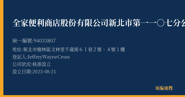 全家便利商店股份有限公司新北市第一一○七分公司的照片-統編 94033807(新北市) 公司登記資料與營業項目詳細圖表