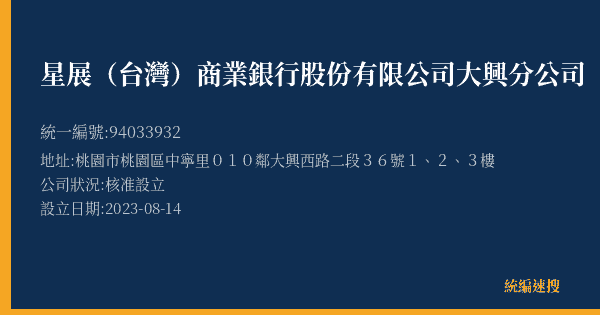 星展(台灣)商業銀行股份有限公司大興分公司的照片-統編 94033932(桃園市) 公司登記資料與營業項目詳細圖表