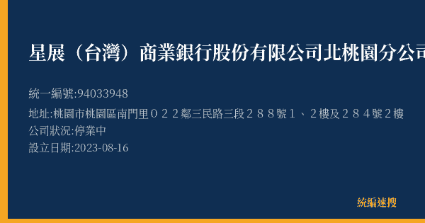 星展(台灣)商業銀行股份有限公司北桃園分公司的照片-統編 94033948(桃園市) 公司登記資料與營業項目詳細圖表