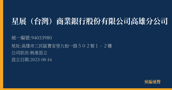 星展(台灣)商業銀行股份有限公司高雄分公司的照片-統編 94033980(高雄市) 公司登記資料與營業項目詳細圖表