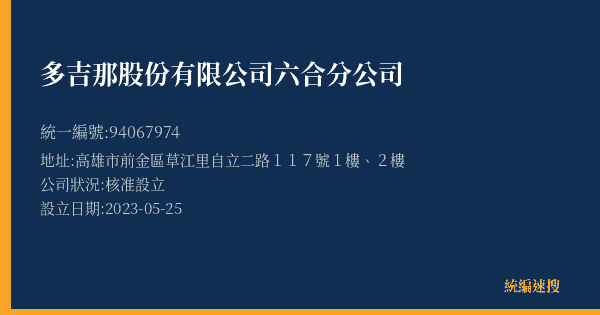 多吉那股份有限公司六合分公司的照片-統編 94067974(高雄市) 公司登記資料與營業項目詳細圖表