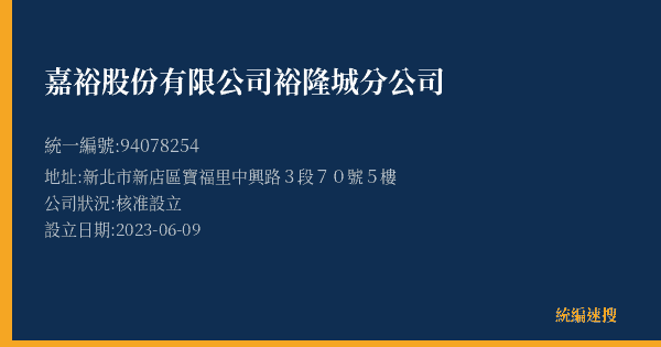 嘉裕股份有限公司裕隆城分公司的照片-統編 94078254(新北市) 公司登記資料與營業項目詳細圖表