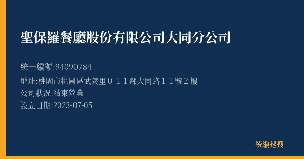 聖保羅餐廳股份有限公司大同分公司的照片-統編 94090784(桃園市) 公司登記資料與營業項目詳細圖表