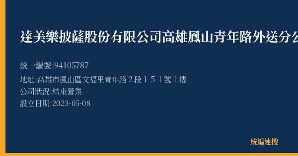 達美樂披薩股份有限公司高雄鳳山青年路外送分公司的照片-統編 94105787(高雄市) 公司登記資料與營業項目詳細圖表