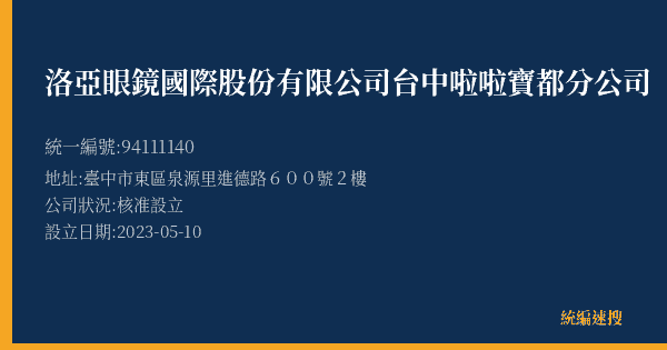 洛亞眼鏡國際股份有限公司台中啦啦寶都分公司的照片-統編 94111140(臺中市) 公司登記資料與營業項目詳細圖表