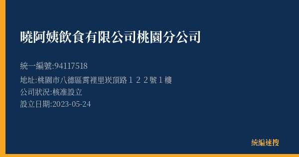 曉阿姨飲食有限公司桃園分公司的照片-統編 94117518(桃園市) 公司登記資料與營業項目詳細圖表