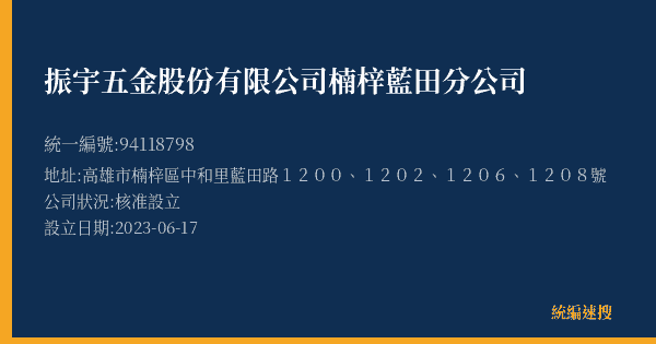 振宇五金股份有限公司楠梓藍田分公司的照片-統編 94118798(高雄市) 公司登記資料與營業項目詳細圖表