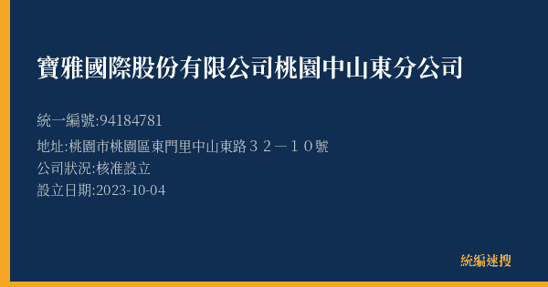 寶雅國際股份有限公司桃園中山東分公司的照片-統編 94184781(桃園市) 公司登記資料與營業項目詳細圖表