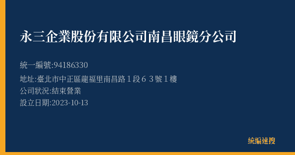 永三企業股份有限公司南昌眼鏡分公司的照片-統編 94186330(臺北市) 公司登記資料與營業項目詳細圖表