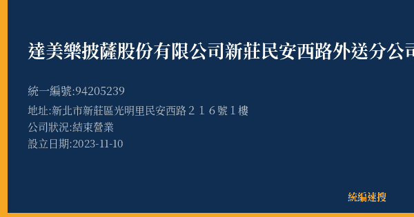 達美樂披薩股份有限公司新莊民安西路外送分公司的照片-統編 94205239(新北市) 公司登記資料與營業項目詳細圖表