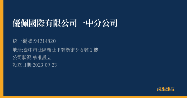優佩國際有限公司一中分公司的照片-統編 94214820(臺中市) 公司登記資料與營業項目詳細圖表