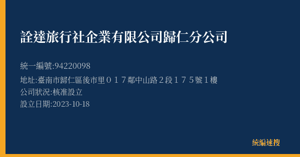 詮達旅行社企業有限公司歸仁分公司的照片-統編 94220098(臺南市) 公司登記資料與營業項目詳細圖表