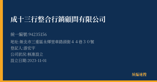 成十三行整合行銷顧問有限公司的照片-統編 94235156(新北市) 公司登記資料與營業項目詳細圖表