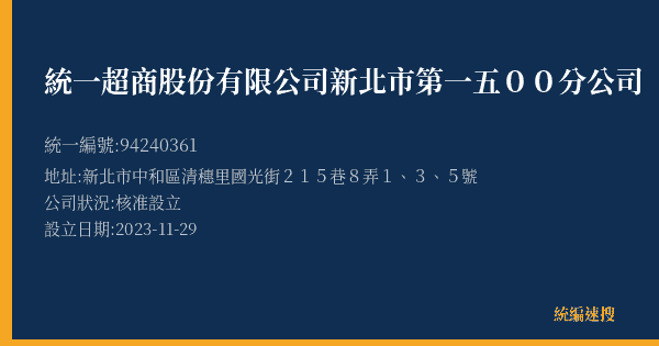 統一超商股份有限公司新北市第一五00分公司的照片-統編 94240361(新北市) 公司登記資料與營業項目詳細圖表