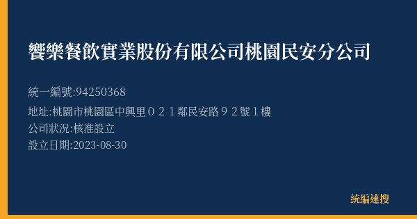 饗樂餐飲實業股份有限公司桃園民安分公司的照片-統編 94250368(桃園市) 公司登記資料與營業項目詳細圖表