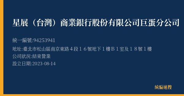 星展(台灣)商業銀行股份有限公司巨蛋分公司的照片-統編 94253941(臺北市) 公司登記資料與營業項目詳細圖表