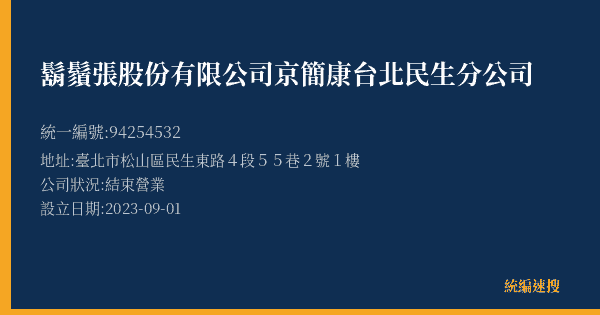 鬍鬚張股份有限公司京簡康台北民生分公司的照片-統編 94254532(臺北市) 公司登記資料與營業項目詳細圖表