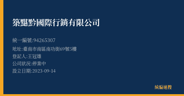 築黮黔國際行銷有限公司的照片-統編 94265307(臺南市) 公司登記資料與營業項目詳細圖表