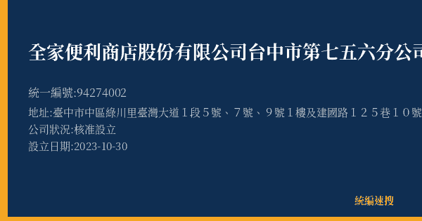 全家便利商店股份有限公司台中市第七五六分公司的照片-統編 94274002(臺中市) 公司登記資料與營業項目詳細圖表