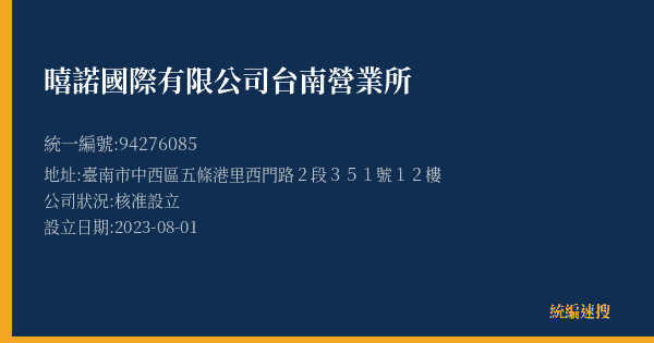 暿諾國際有限公司台南營業所的照片-統編 94276085(臺南市) 公司登記資料與營業項目詳細圖表