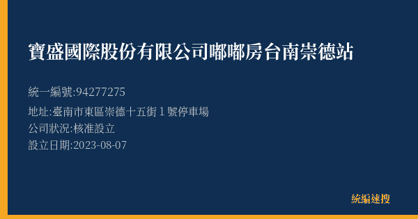 寶盛國際股份有限公司嘟嘟房台南崇德站的照片-統編 94277275(臺南市) 公司登記資料與營業項目詳細圖表