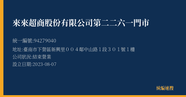 來來超商股份有限公司第二二六一門市的照片-統編 94279040(臺南市) 公司登記資料與營業項目詳細圖表