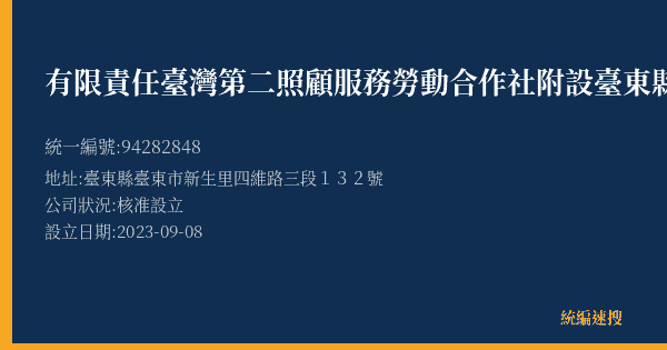 有限責任臺灣第二照顧服務勞動合作社附設臺東縣私立居家式服務類長期照顧服務機構的照片-統編 94282848(臺東縣) 公司登記資料與營業項目詳細圖表