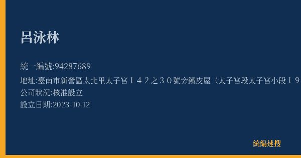 呂泳林的照片-統編 94287689(臺南市) 公司登記資料與營業項目詳細圖表