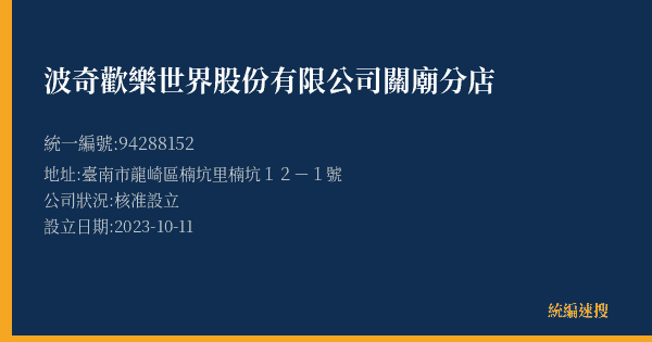 波奇歡樂世界股份有限公司關廟分店的照片-統編 94288152(臺南市) 公司登記資料與營業項目詳細圖表