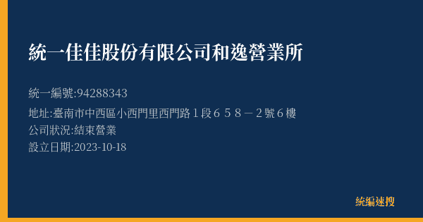 統一佳佳股份有限公司和逸營業所的照片-統編 94288343(臺南市) 公司登記資料與營業項目詳細圖表