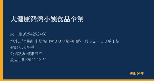 大健康灣灣小姨食品企業的照片-統編 94292466(屏東縣) 公司登記資料與營業項目詳細圖表