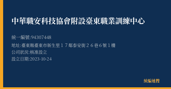 中華職安科技協會附設臺東職業訓練中心的照片-統編 94307448(臺東縣) 公司登記資料與營業項目詳細圖表