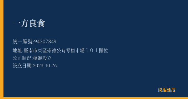 一方良食的照片-統編 94307849(臺南市) 公司登記資料與營業項目詳細圖表