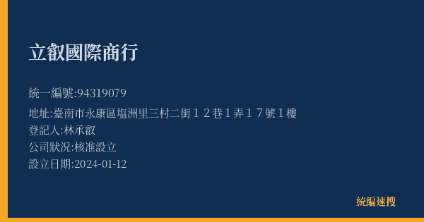 立叡國際商行的照片-統編 94319079(臺南市) 公司登記資料與營業項目詳細圖表