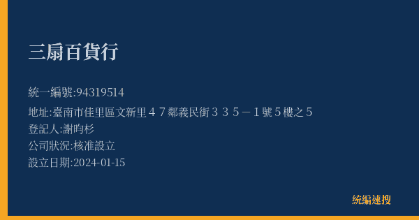 三扇百貨行的照片-統編 94319514(臺南市) 公司登記資料與營業項目詳細圖表