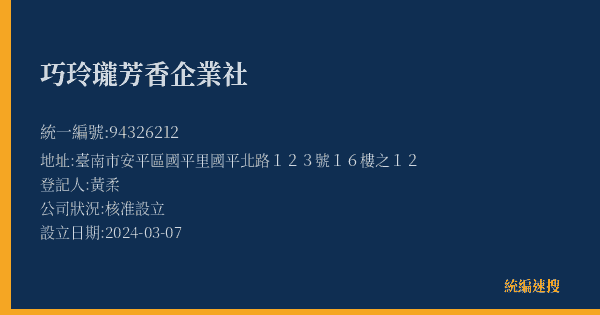 巧玲瓏芳香企業社的照片-統編 94326212(臺南市) 公司登記資料與營業項目詳細圖表