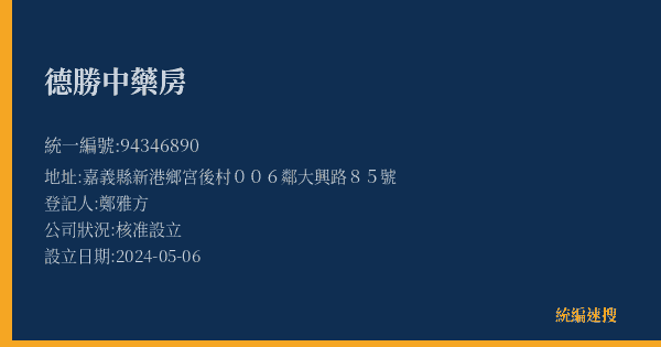 德勝中藥房的照片-統編 94346890(嘉義縣) 公司登記資料與營業項目詳細圖表